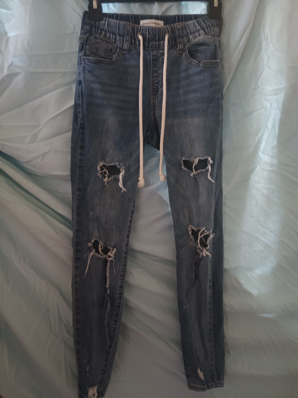 Women's Skinny Distressed Indigo Jeans with Drawstring Waist